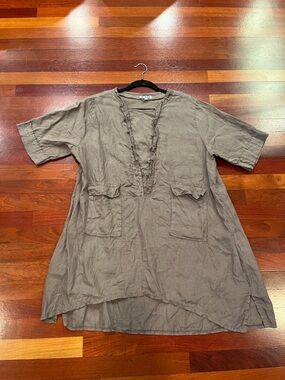 100% Lin Blanc Women’s Linen Tunic with Front Pockets - Brown Lagenlook
